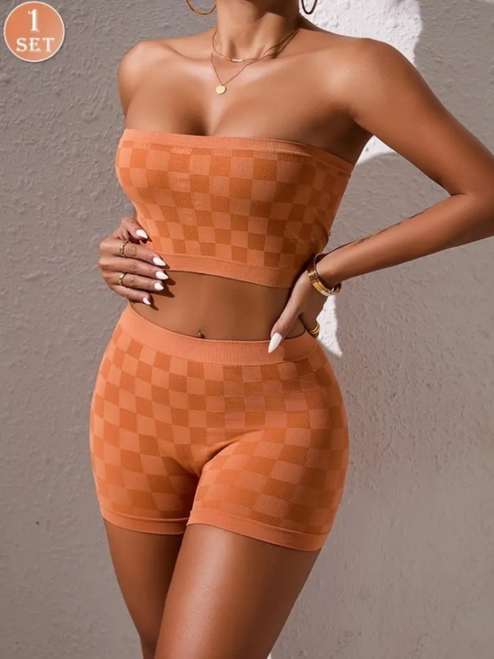 Seamless Checkerboard Bike Shorts & Crop Top Set- Orange Sz M